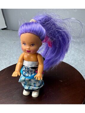 Vintage Mini Doll Kelly with Purple Hair & Polka Dot Dress 4.5"